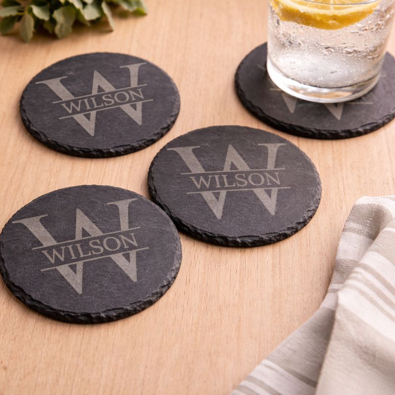 Personalized Round Slate Stone Coasters Set of 4 – Custom Name or Monogram Drink Coasters
